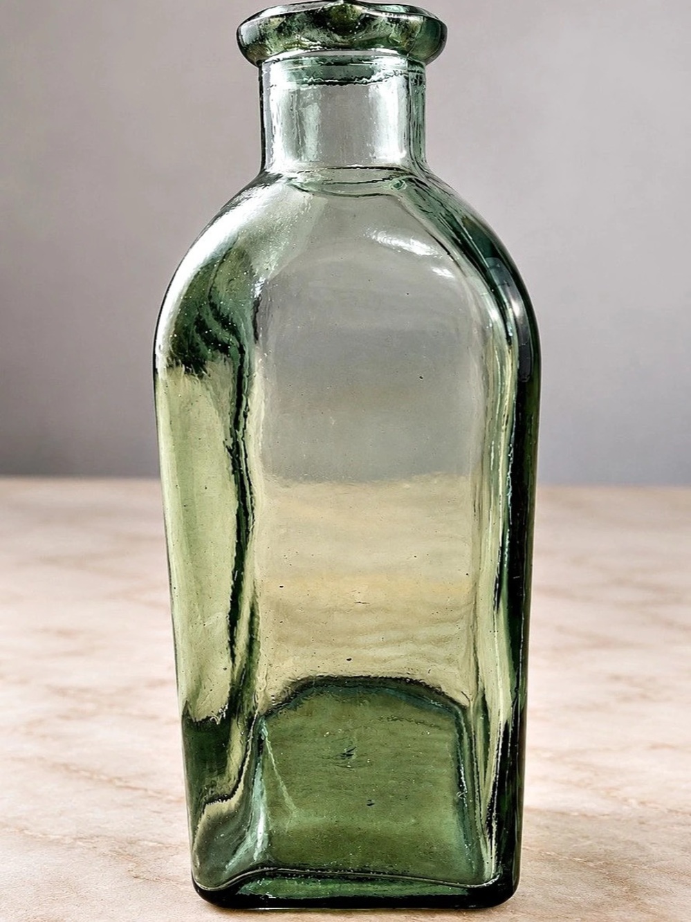 Vintage Aqua Square Glass Bottle 7” | Collared Lip